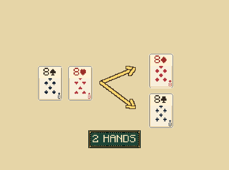 Split equal ranks: Matching ranks may become separate hands. Each split hand receives one new card; aces cannot be resplit.