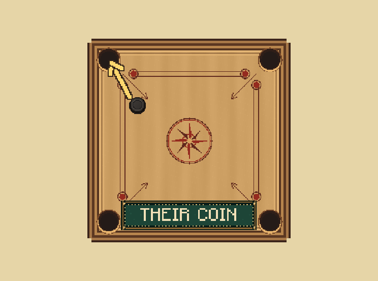 The other colour helps your opponent: Opponent coins belong to them when pocketed. A shot that pockets none of your own usually passes the turn.