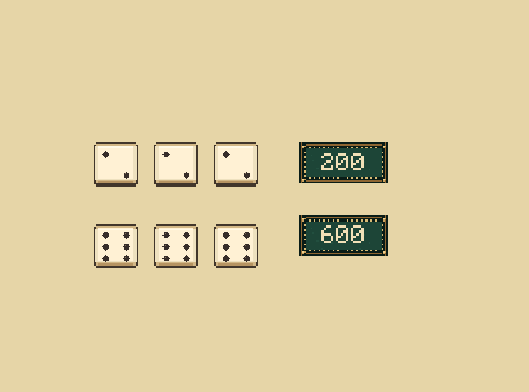 Try it: Other triples score face value times 100. Four, five, or six of a kind score more.