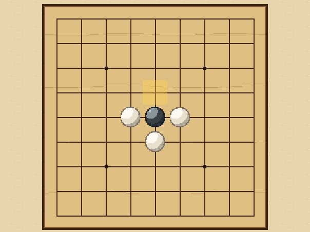 One gap left: This stone has one empty neighbour left: the marked point. Diagonals do not count.