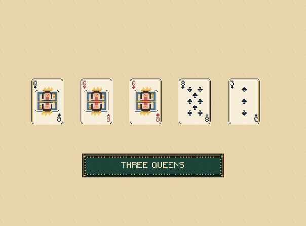 Three of a kind: Three cards of one rank beat two pair. These three queens are the matching group.