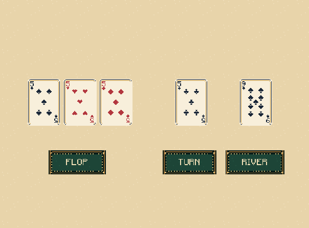 Flop, turn, river: After the opening bets: reveal three cards, then one, then one. Players may bet after each reveal.
