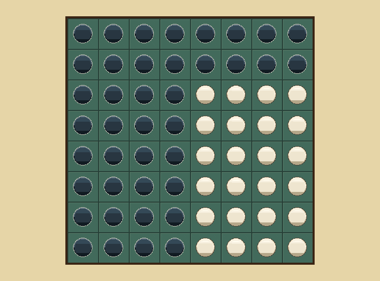 Count discs: When both players pass, the colour with more discs wins.