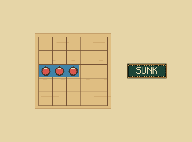 Try it: A ship sinks when every square it covers is hit. Keep searching for the rest of the fleet.
