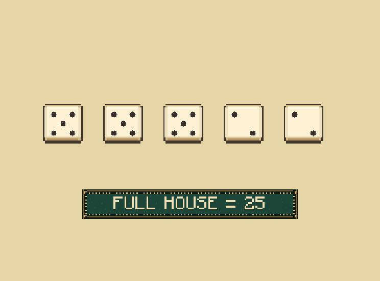 Full house: Three of one number and two of another score 25. The normal full-house roll uses two different numbers.